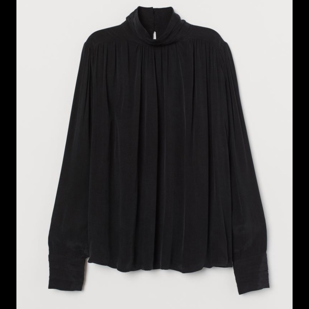 H&M Pleated Collar Long Balloon Sleeve Formal Button Wrist Voluminous Blouse S-L